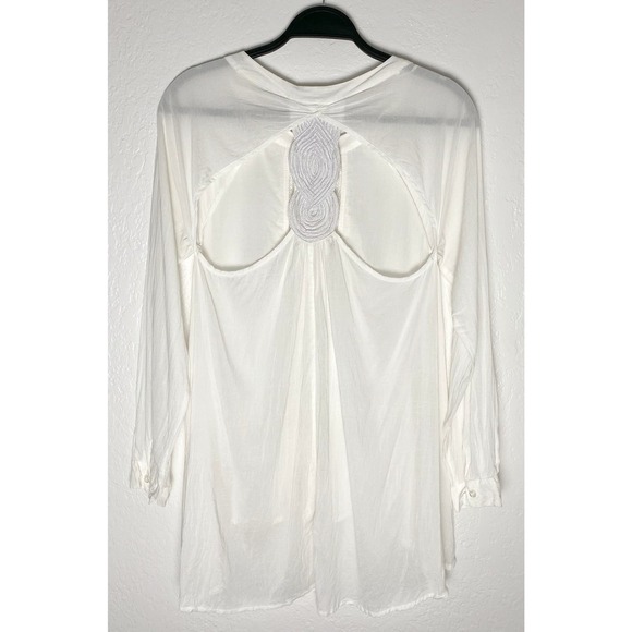 Free People Women's White Button Front Ruffle Tunic Open Back Embroider Accent - Picture 2 of 8